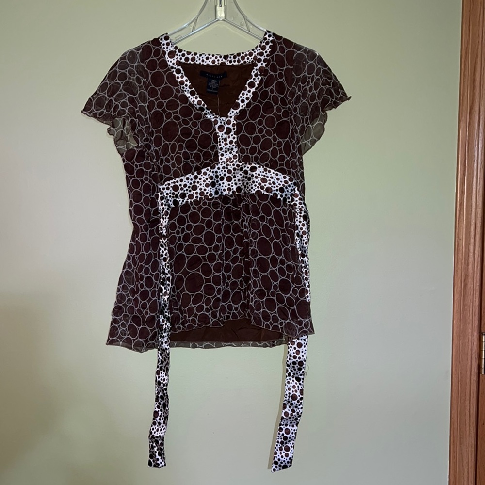 Brown & White Silk Blouse with Waist Tie